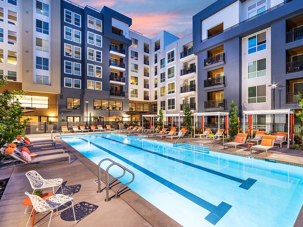 The courtyard pool during dusk at the 808 West Apartments in San Jose, California.